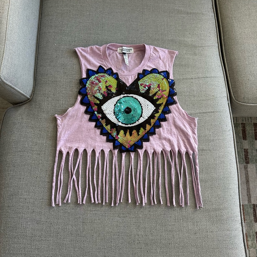 Iridescent Fringe Evil Eye Crop Tank Top - Festival, Party, Summer